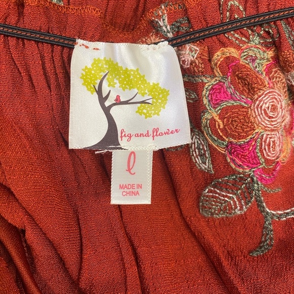 Anthropologie Fig and Flower Embroidered floral Smocked Tiered Ruffle Dress L - Picture 6 of 8